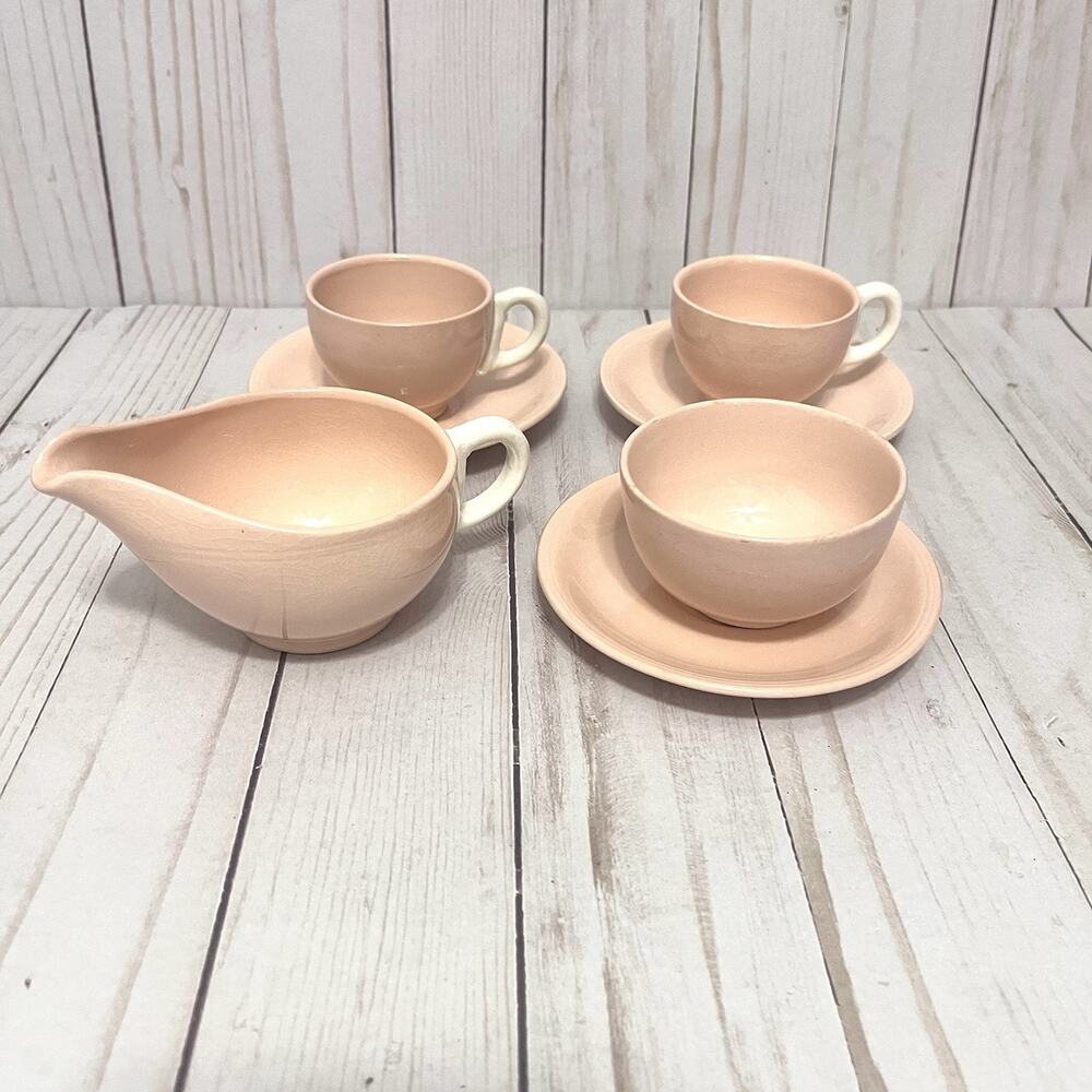 Vintage Grindley England Rose Leaf Pink Tea Set Cups Saucers Creamer 1930s 7pcs